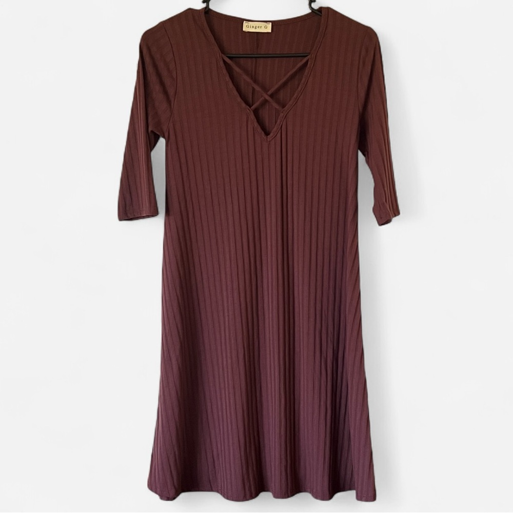 Ginger G Ribbed Knit 3/4 Sleeve Burgundy Plum Dress Size Small